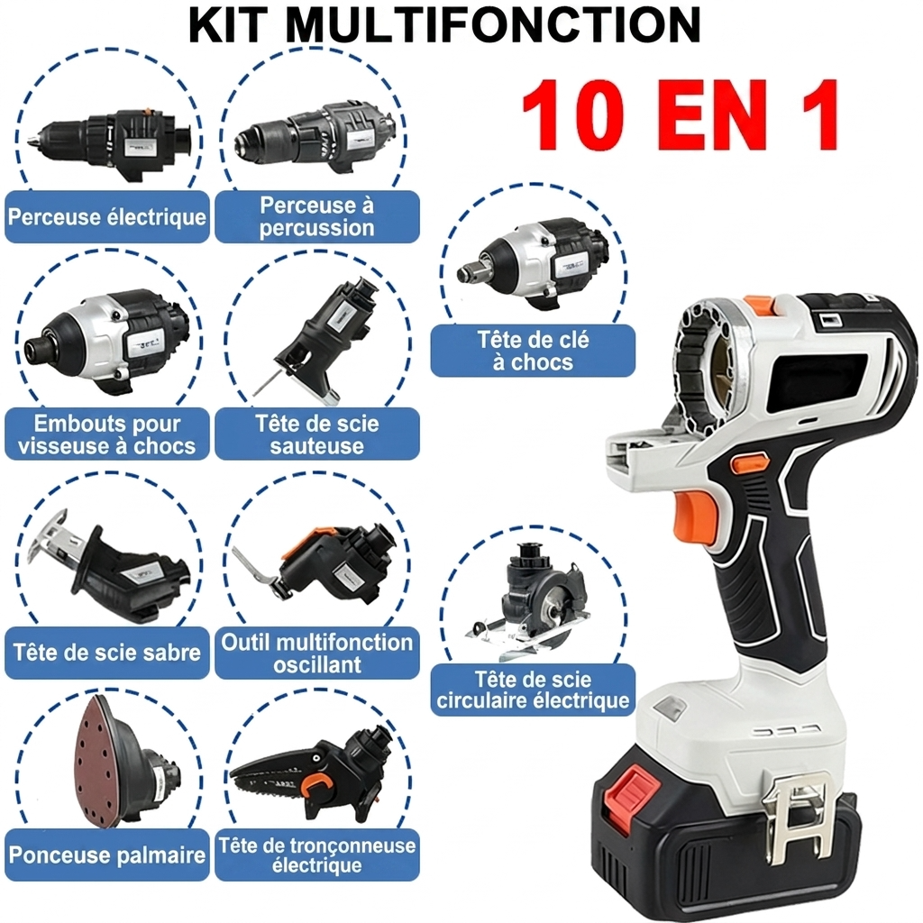 Kit d’Outils Électriques Multifonction 10-en-1 – Tout-en-Un pour le Bricolage